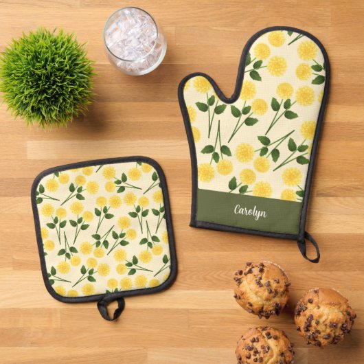 goudsbloem bloemen groen bladeren aangepaste naam ovenwant & pannenlap set (Top down)