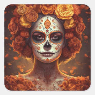 Goudsbloem Catrina Día de los Muertos Vierkante Sticker