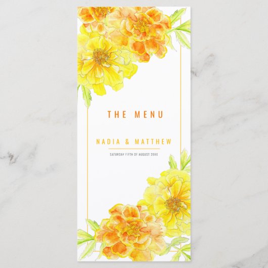 goudsbloem geel sinaasappel waterverf bruiloft menu (Achterkant)