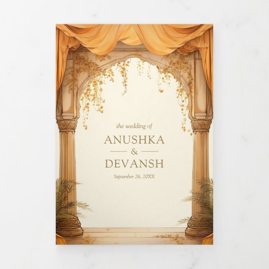 goudsbloem geel zuid indiase mandap bruiloft drieluik uitnodiging (Cover)