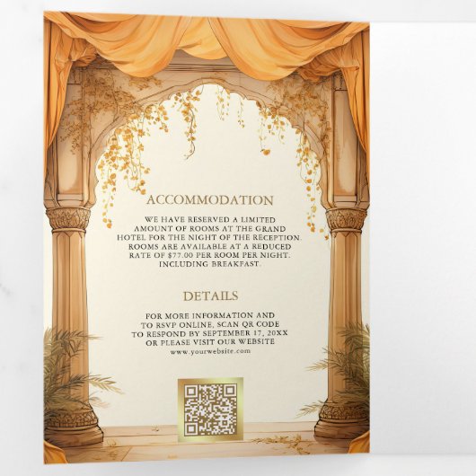 goudsbloem geel zuid indiase mandap bruiloft drieluik uitnodiging (Binnenzijde eerst)