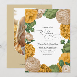 Goudsbloem, Olijf & Warm Crème Bloemen Bruiloft Kaart