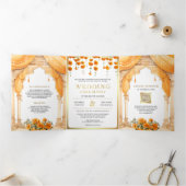 goudsbloem zuid indiase mandap hindoe bruiloft drieluik uitnodiging (Binnen)