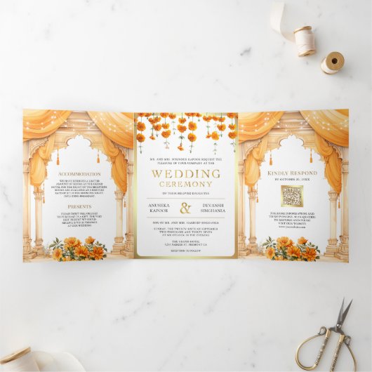 goudsbloem zuid indiase mandap hindoe bruiloft drieluik uitnodiging (Binnen)