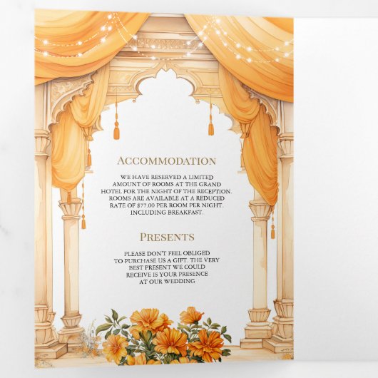 goudsbloem zuid indiase mandap hindoe bruiloft drieluik uitnodiging (Binnenzijde eerst)