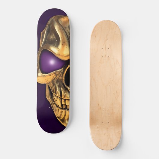 Goudschedel met gloeiende paarse ogen persoonlijk skateboard (Voorkant)
