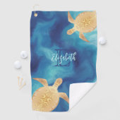 Goudschildpad Blauwe Waterverf Monogram Beach Golfhanddoek (Insitu)