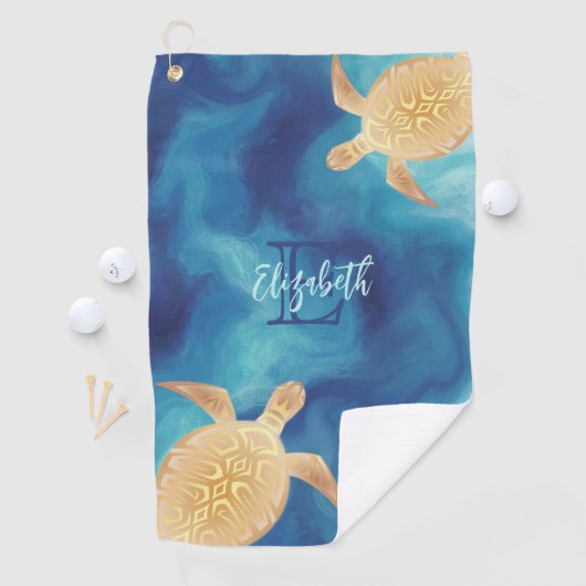 Goudschildpad Blauwe Waterverf Monogram Beach Golfhanddoek (Insitu)