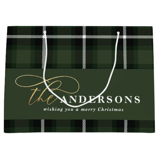Goudschrift groene gebluste tartan rustige Kerstmi Groot Cadeauzakje (Voorkant)