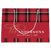 Goudschrift rode vlektartan rustige kerst groot cadeauzakje (Voorkant)