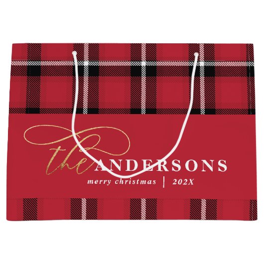 Goudschrift rode vlektartan rustige kerst groot cadeauzakje (Voorkant)