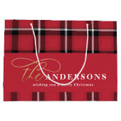Goudschrift rode vlektartan rustige kerst Larg Groot Cadeauzakje (Achterkant)