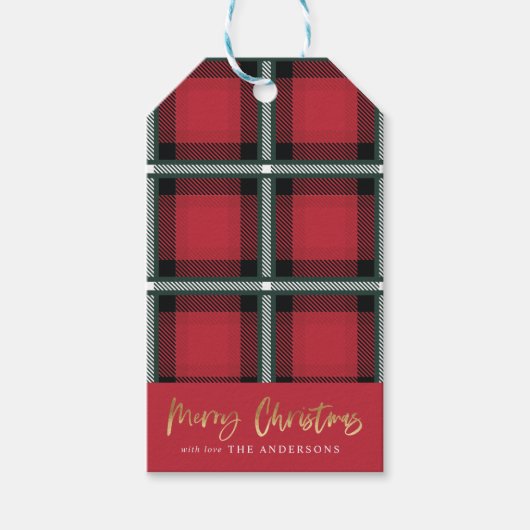Goudschrift smaakje kerst rode tartan cadeaulabel (Voorkant)