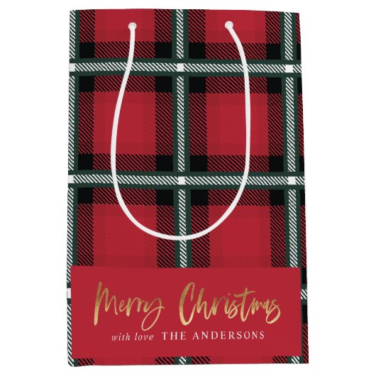 Goudschrift smaakje kerst rode tartan  medium cadeauzakje (Voorkant)