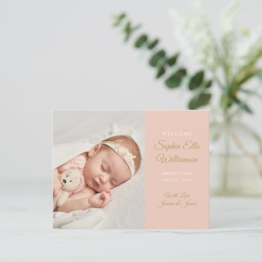 Goudschriftfoto van baby meisje Elegante Geboorte Aankondigingskaart (Staand voorkant)