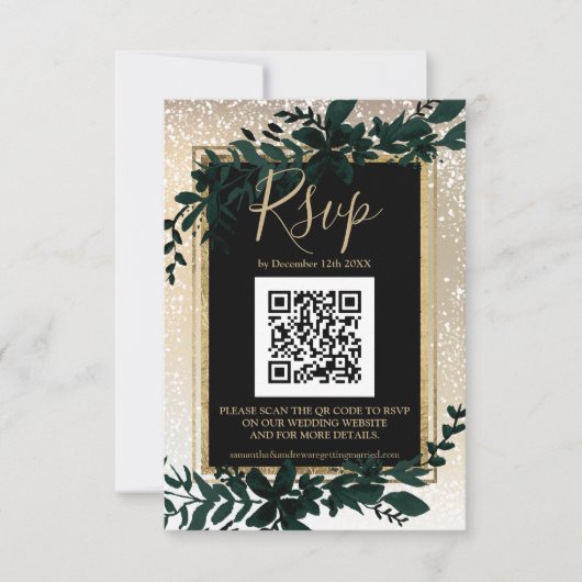 goudscriptblad sneeuw elegant winter QR RSVP (Voorkant)