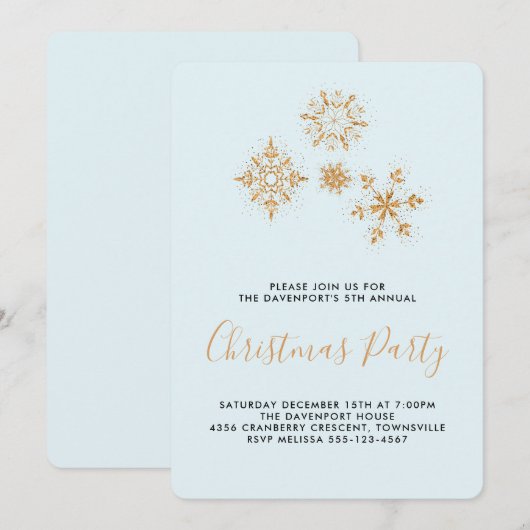  goudsneeuwvlokken op blauw, feestelijke uitnodigi kaart (Voorkant / Achterkant)