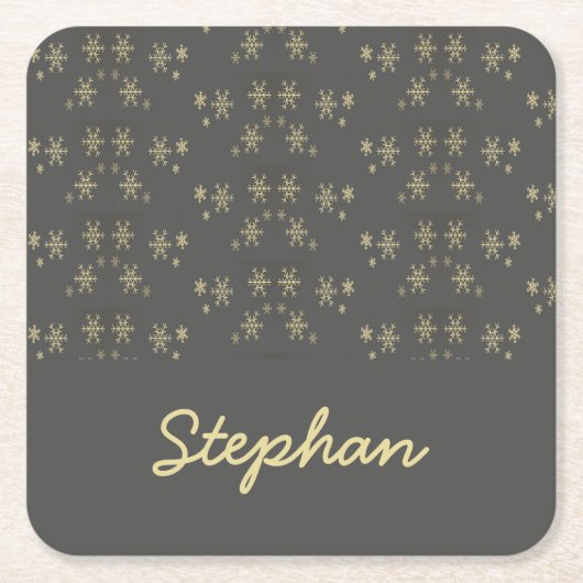 Goudsneeuwvlokken op grijs kartonnen onderzetters (Voorkant)