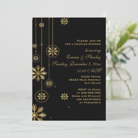 Goudsneeuwvlokken zwarte trouwparen douchen kaart (Staand voorkant)