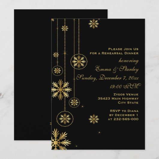 Goudsneeuwvlokken Zwarte trouwrepetitie diner Kaart (Voorkant / Achterkant)