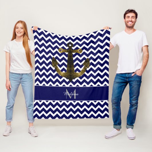 Goudsparken Anchor Navy Blue Chevron Monogram Fleece Deken (In situ)