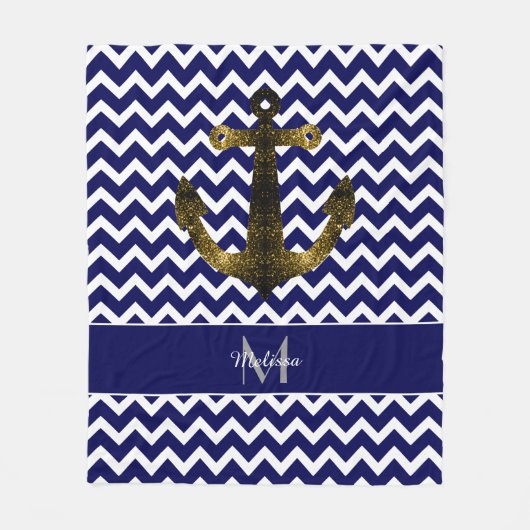 Goudsparken Anchor Navy Blue Chevron Monogram Fleece Deken (Voorkant)