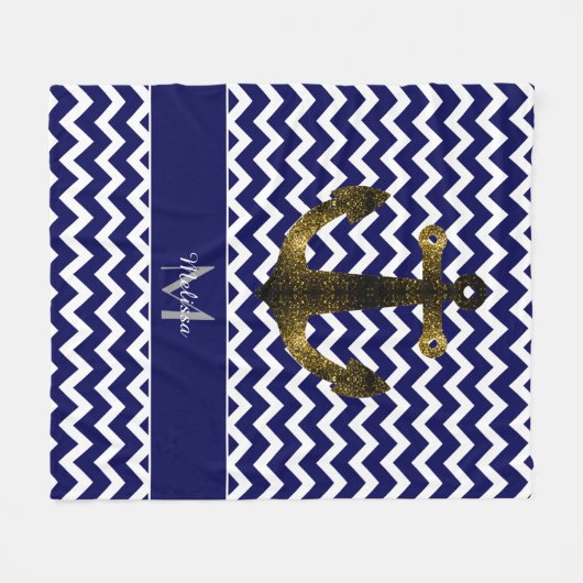 Goudsparken Anchor Navy Blue Chevron Monogram Fleece Deken (Voorkant (Horizontaal))