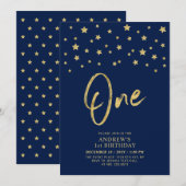 goudster | Navy Blue One 1st Birthday Party Kaart (Voorkant / Achterkant)
