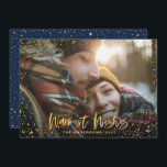 Goudsterren blauw Kerstmis 1 foto modern Feestdagenkaart<br><div class="desc">Gold Season's groetings sterren 1 fotovakantiekaart. Met een manuscripttekst en goudeffect ontwerp,  kan de blauw achtergrondkleur van de marine verandering zijn om uw stijl aan te passen.</div>