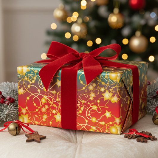 Goudsterren en -stralen op rood/Oranje/groen ombre Inpakpapier Vel