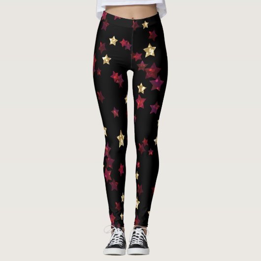 Goudsterren, goud, zwart, rood, elegant, glitter leggings (Voorkant)