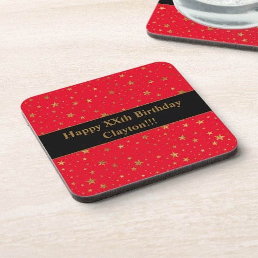 Goudsterren met bericht op de rode dag bier onderzetter (Linkerzijde)