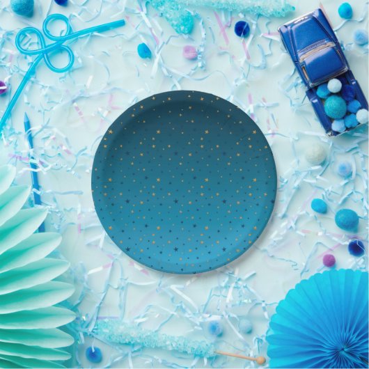 Goudsterren op blauw. papieren bordje (Feest)