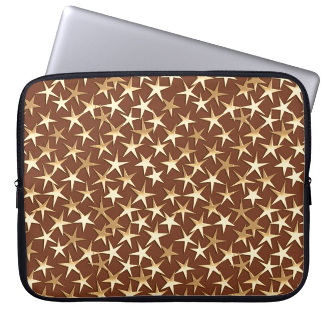 Goudsterren op chocoladebruin laptop sleeve (Voorkant)