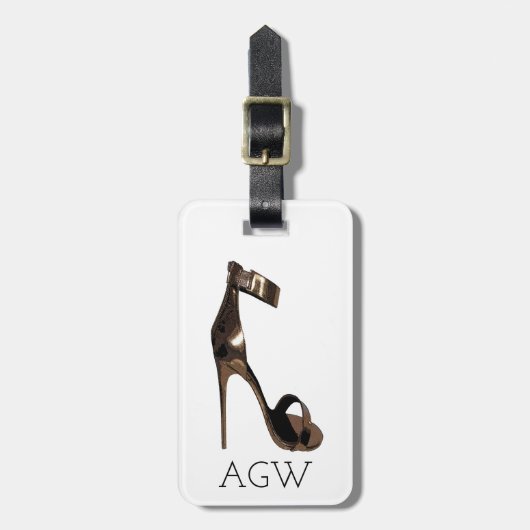 goudstiletto-sandles met uw monogram bagagelabel (Voorkant verticaal)