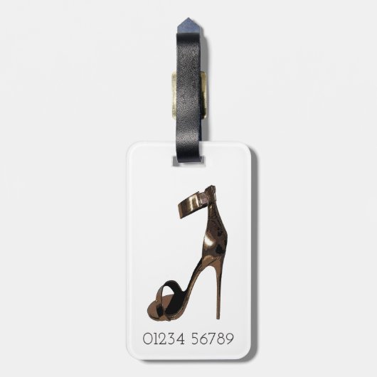 goudstiletto-sandles met uw monogram bagagelabel (Achterkant verticaal)