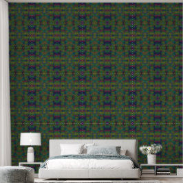 Goudstof donkergroen, blauw en roze variatie behang