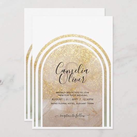 Goudstof | Elegante gouden glitters arch bruiloft Kaart (Voorkant / Achterkant)