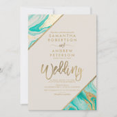 Goudstrepen typografie turquoise marmer bruiloft kaart (Voorkant)
