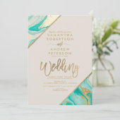 Goudstrepen typografie turquoise marmer bruiloft kaart (Staand voorkant)