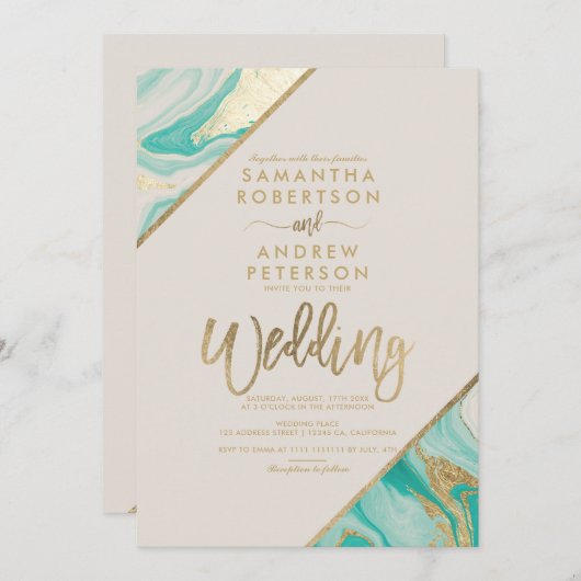 Goudstrepen typografie turquoise marmer bruiloft kaart (Voorkant / Achterkant)