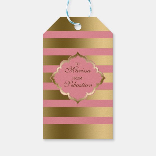 Goudstrips en roze geometrische patronen cadeaulabel (Achterkant)