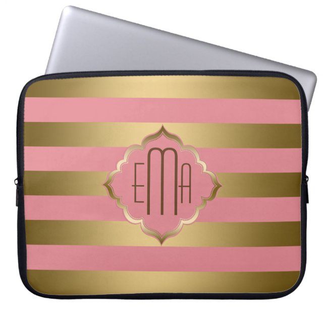 Goudstrips en roze geometrische patronen laptop sleeve (Voorkant)