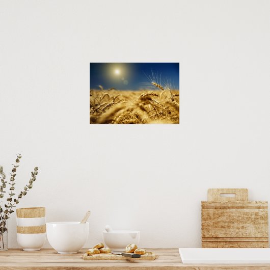 Goudtarwe en blauwe hemel met zon poster (Keuken)