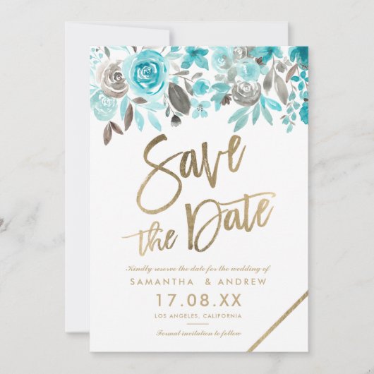 Goudturquoise florale waterverf met uitzondering v save the date (Voorkant)