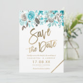 Goudturquoise florale waterverf met uitzondering v save the date (Staand voorkant)