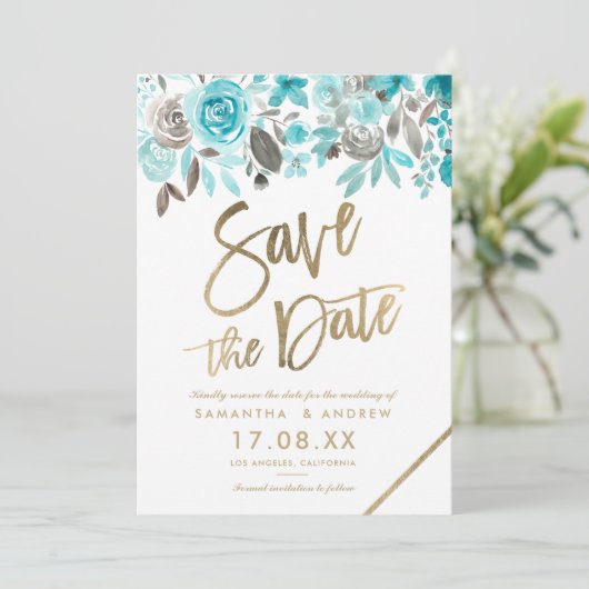 Goudturquoise florale waterverf met uitzondering v save the date (Staand voorkant)