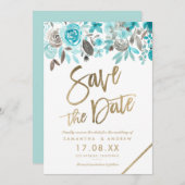 Goudturquoise florale waterverf met uitzondering v save the date (Voorkant / Achterkant)