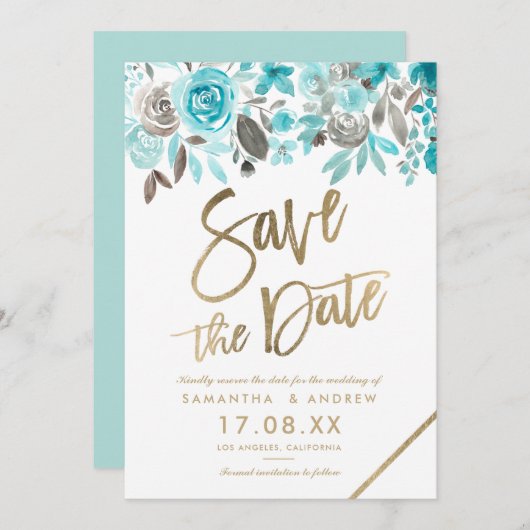 Goudturquoise florale waterverf met uitzondering v save the date (Voorkant / Achterkant)