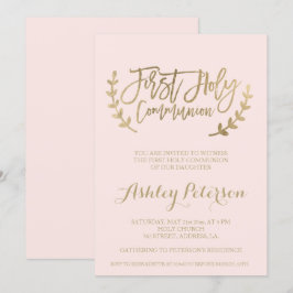 Goudtypografie blozen roze Eerste Heilige Communie Kaart
